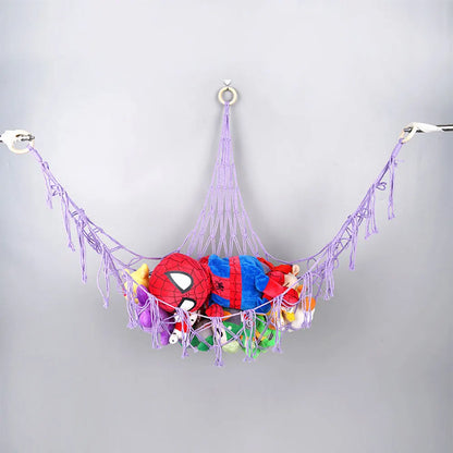 Kids Toy Hammock Wall Corner Hanging Storage Net – Woven Cotton Stuffed Animal Organizer