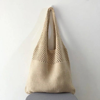 Women’s Crochet Tote Handbag - Retro Knitted Hollow Top Handle Shopper Bag in Solid Colors
