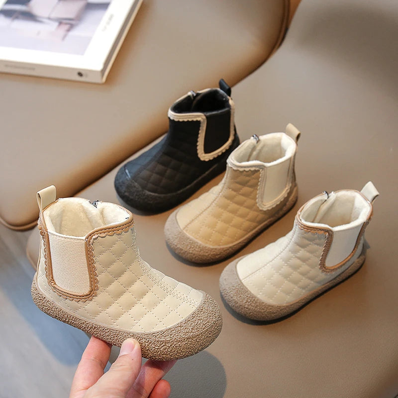 Autumn Winter Baby Girls Boots — Waterproof, Windproof, Non-Slip Plush Ankle Shoes for Kids