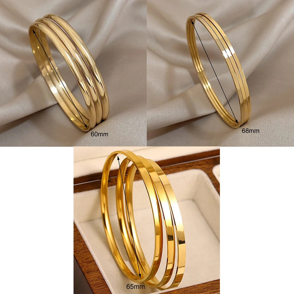 3-Piece 18K Gold-Plated Stainless Steel Bangle Set - Minimalist Glossy Waterproof Bracelets for Women