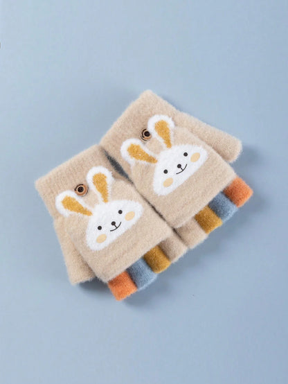 Half-Finger Gloves with Flip-Top Cover - Girls’ Winter Rabbit Fleece Gloves for Writing, Warm Cotton Handwear