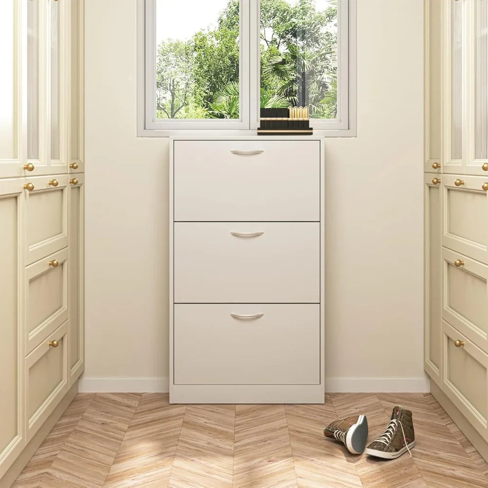3-Drawer Wooden Shoe Cabinet — Narrow Freestanding Organizer for Entryway & Bedroom, White
