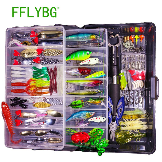 FFLYBG Mixed Fishing Lure Set with Box – Soft & Hard Bait Kit Including Minnow, Metal Jig Spoon & Crankbait for Bass and Pike Fishing Tackle Kit