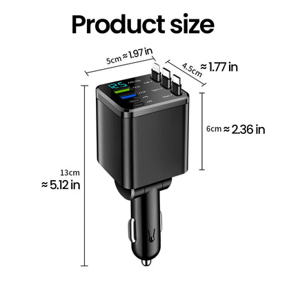 Elough 7-in-1 Retractable Car Charger - Multi-Port USB-C & iOS Charging Adapter with Quick Charge Support for iPhone & Samsung