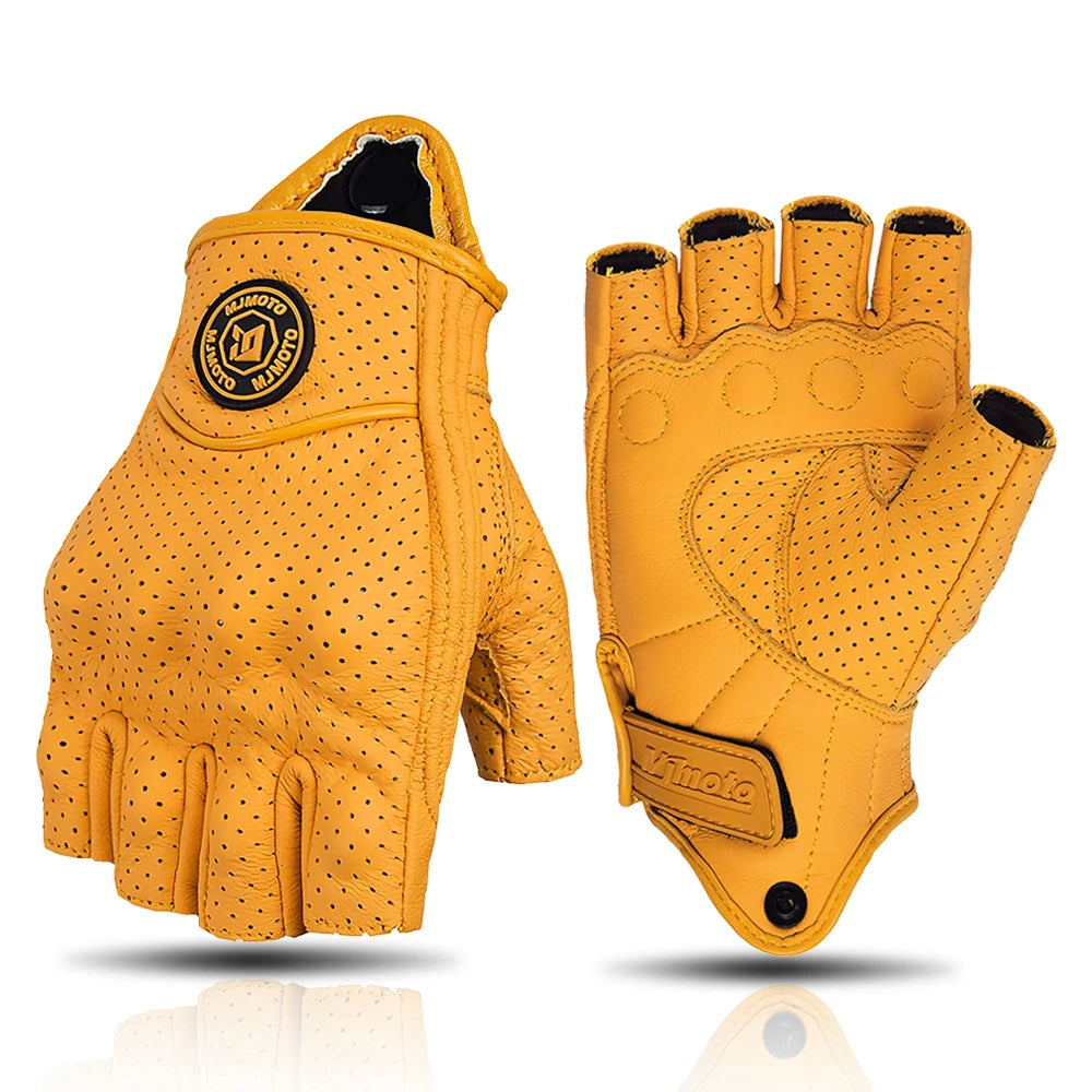 MJMOTO Retro Leather Motorcycle Half Finger Gloves – Touchscreen Motocross Gloves with Hard Shell Protection, Breathable Design