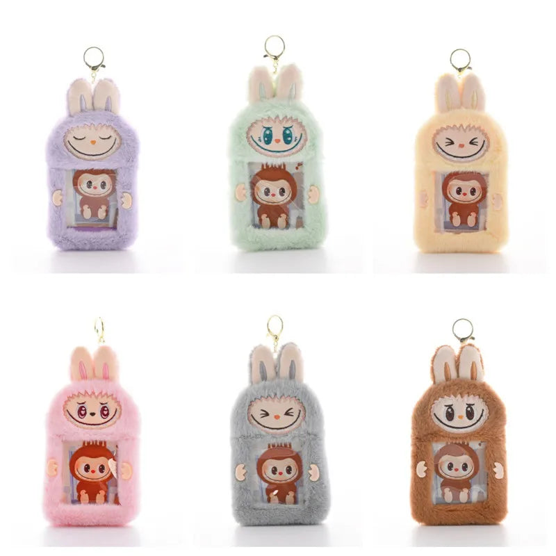 Kawaii Labubu Fluffy ID Card Keychain – Cartoon Sliding Card Holder for Students, Meal & Bus Cards, Cute Photo Album Gift for Kids