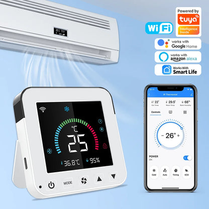 Tuya WiFi Smart Thermostat – IR Air Conditioner Remote with Temperature & Humidity Sensor, LCD Touch Screen, Google Home & Alexa Compatible