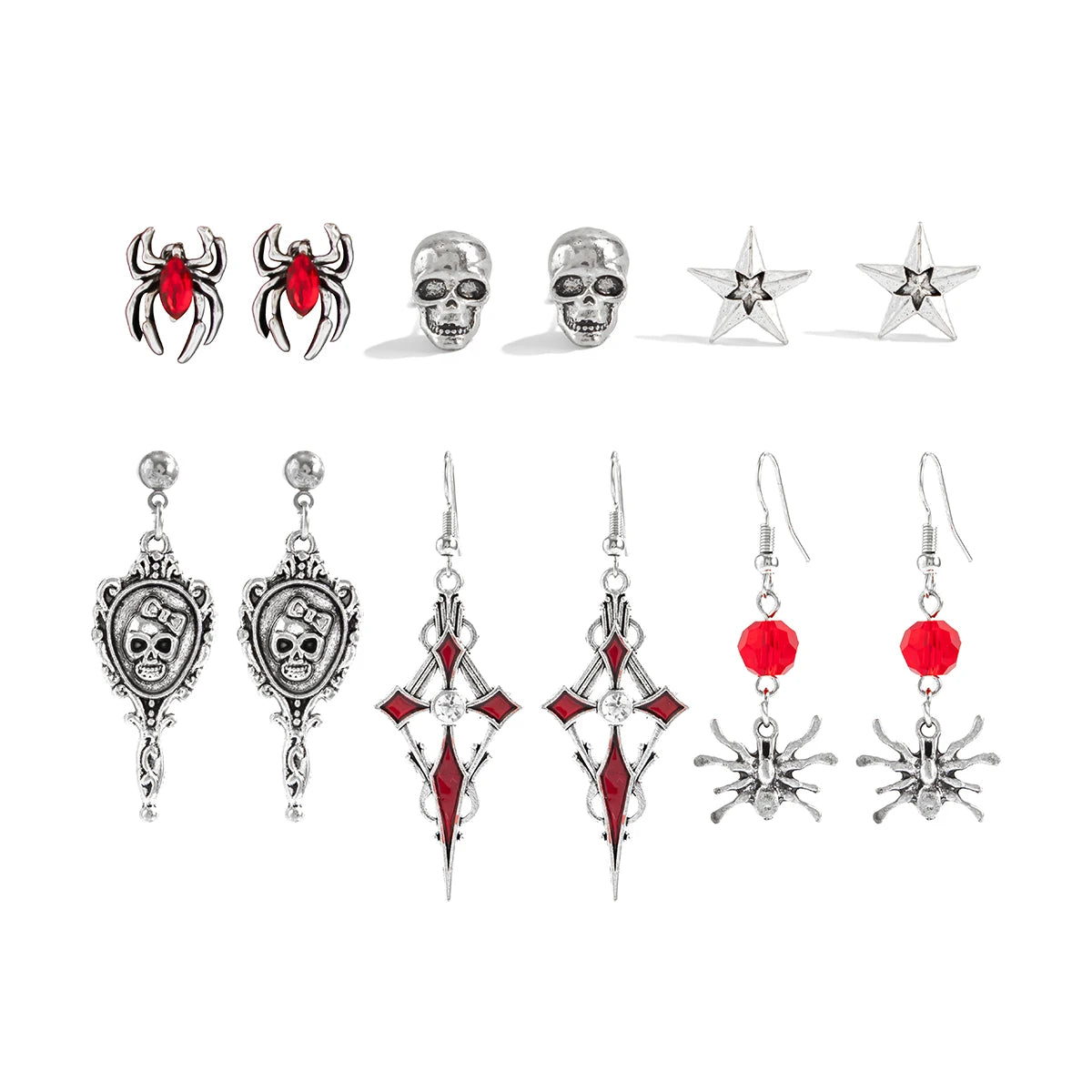 Halloween Crystal Skull Spider Drop Earrings - Gothic Red Crystal Cross and Rose Metal Earrings for Women
