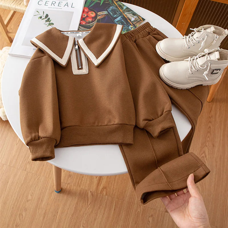 Children's Lapel Long Sleeve Top & Wide Leg Pants Set - 2-Piece Boutique Clothes for Girls, 3-7 Years