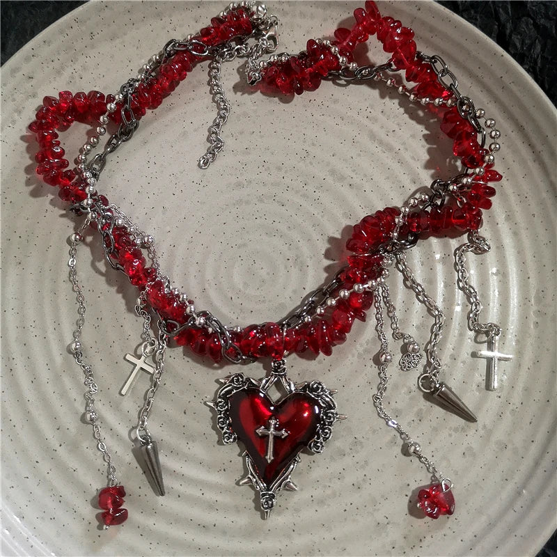 Goth Y2K Heart Cross Choker Necklace - Dark Red Stone Bead Punk Grunge Jewelry for Women Halloween Style