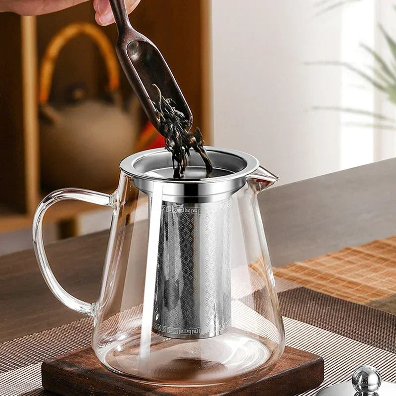 450ml-950ml Heat-Resistant Glass Teapot – Stainless Steel Tea Strainer Infuser, Flower Kettle for Kung Fu Teaware, Puer & Oolong Tea
