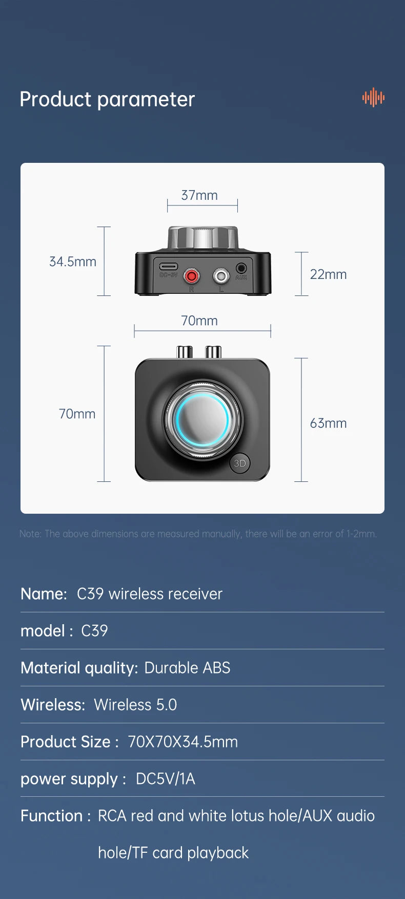 Bluetooth 5.0 Audio Receiver Wireless Adapter | 3D Stereo Music, TF Card, RCA & 3.5mm AUX for Car, Speaker, Amplifier, Headphones