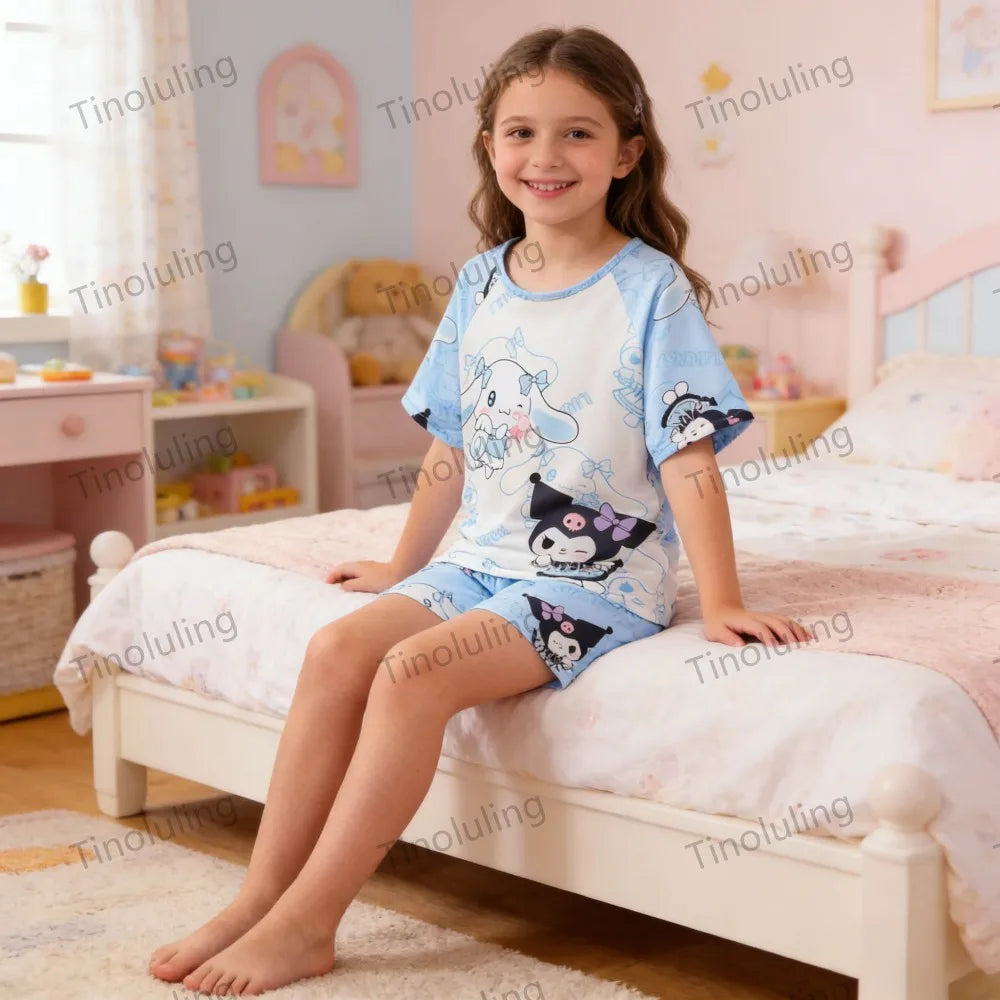 Girls’ Summer Pajama Set – Hello Kitty & Kuromi Tops with Shorts, Sleepwear for Ages 3-12