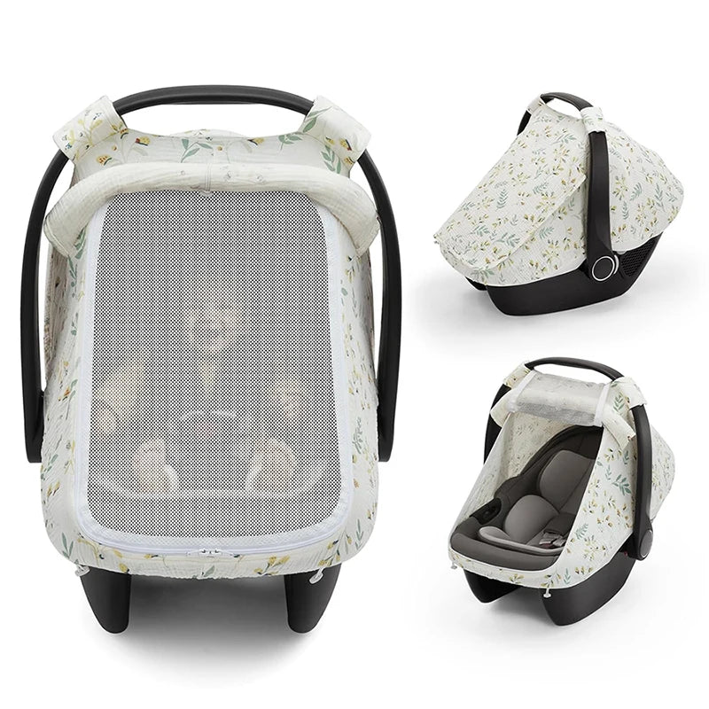 Baby Car Seat Cover – Breathable Muslin Cotton Canopy with Mesh Window, Infant Stroller Sun Shade & Carrier Protection Cover