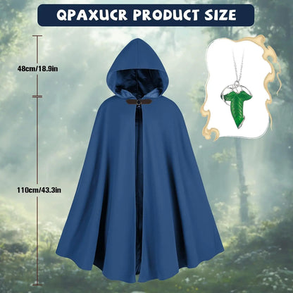 Men’s Medieval Hooded Cloak – Round Metal Buckle with Green Leaf Brooch Necklace for Halloween Costume