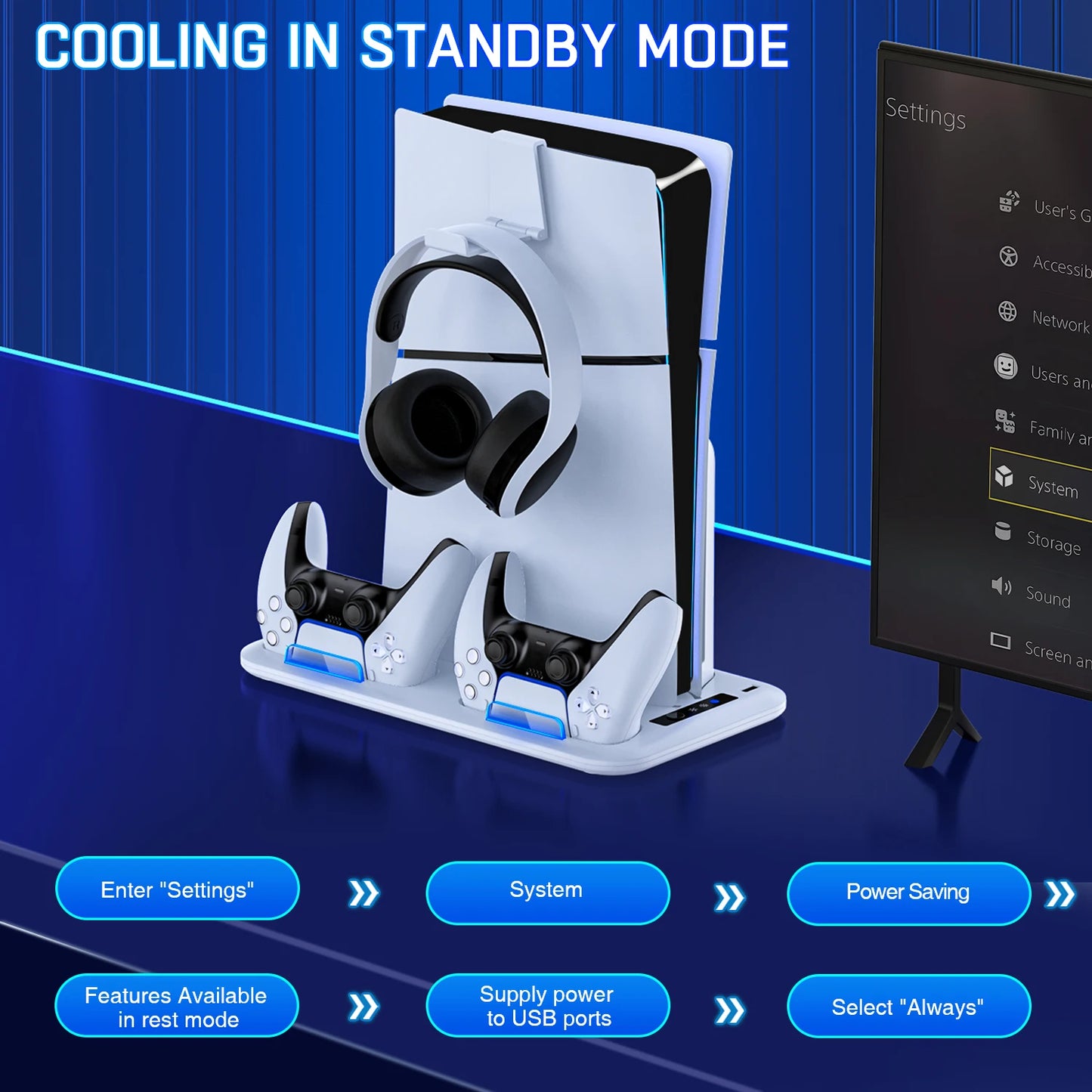 DinoFire PS5 Slim Cooling & Charging Stand – Vertical Fast Controller Charging Station for Disc & Digital PlayStation 5 Console