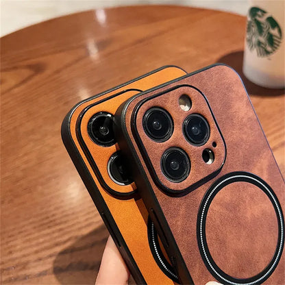 Luxury Cortex Leather Magnetic Phone Case - Wireless Charging Shockproof Bumper Cover for iPhone 12, 13, 14, 15, 16 & 17 Pro Max