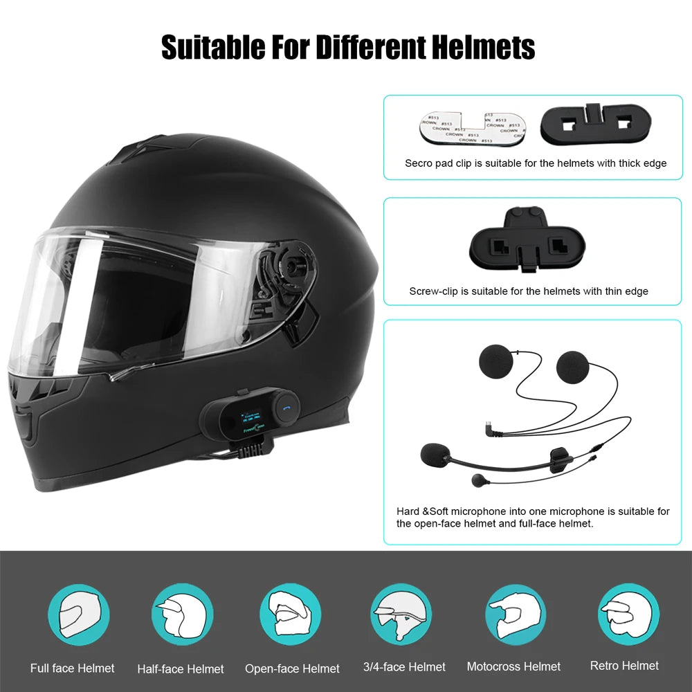 Freedconn T Com SC Bluetooth Motorcycle Intercom – Helmet Headset, Wireless Communication, BT 5.0, Music Share, 6 Riders, FM