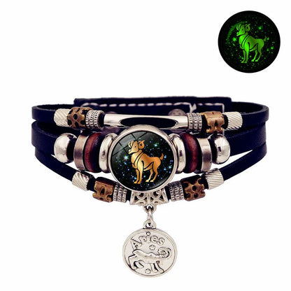 Luminous 12 Constellation Vintage Bracelet - Braided Punk Leather Glow-in-the-Dark for Men & Women, Birthday Gift