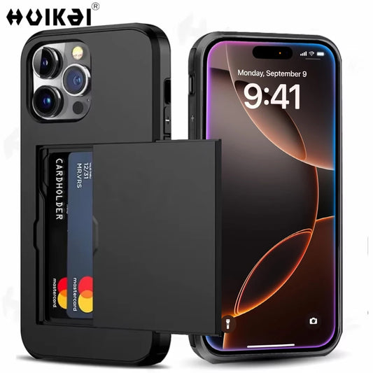 iPhone Case for 16 Pro Max, 15 Plus, 14 Pro Max, 13, 12, 11 – Slim Hard PC Wallet Card Holder with Slide Slot, Heavy Duty Protective Cover