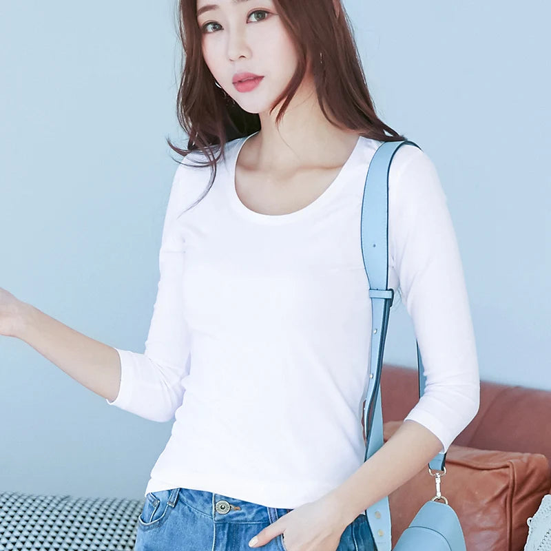 3/4 Sleeve Women’s Cotton T-Shirt - Slim Fit O Neck Casual Spring Summer Top, Stretch Base Shirt in White & Black
