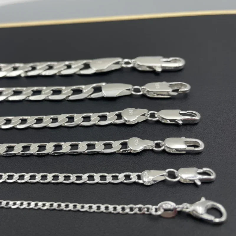 925 Sterling Silver Necklace — 2–12mm Width, 40–75cm Long Chain with Lobster Clasp for Men & Women, Engagement Jewelry