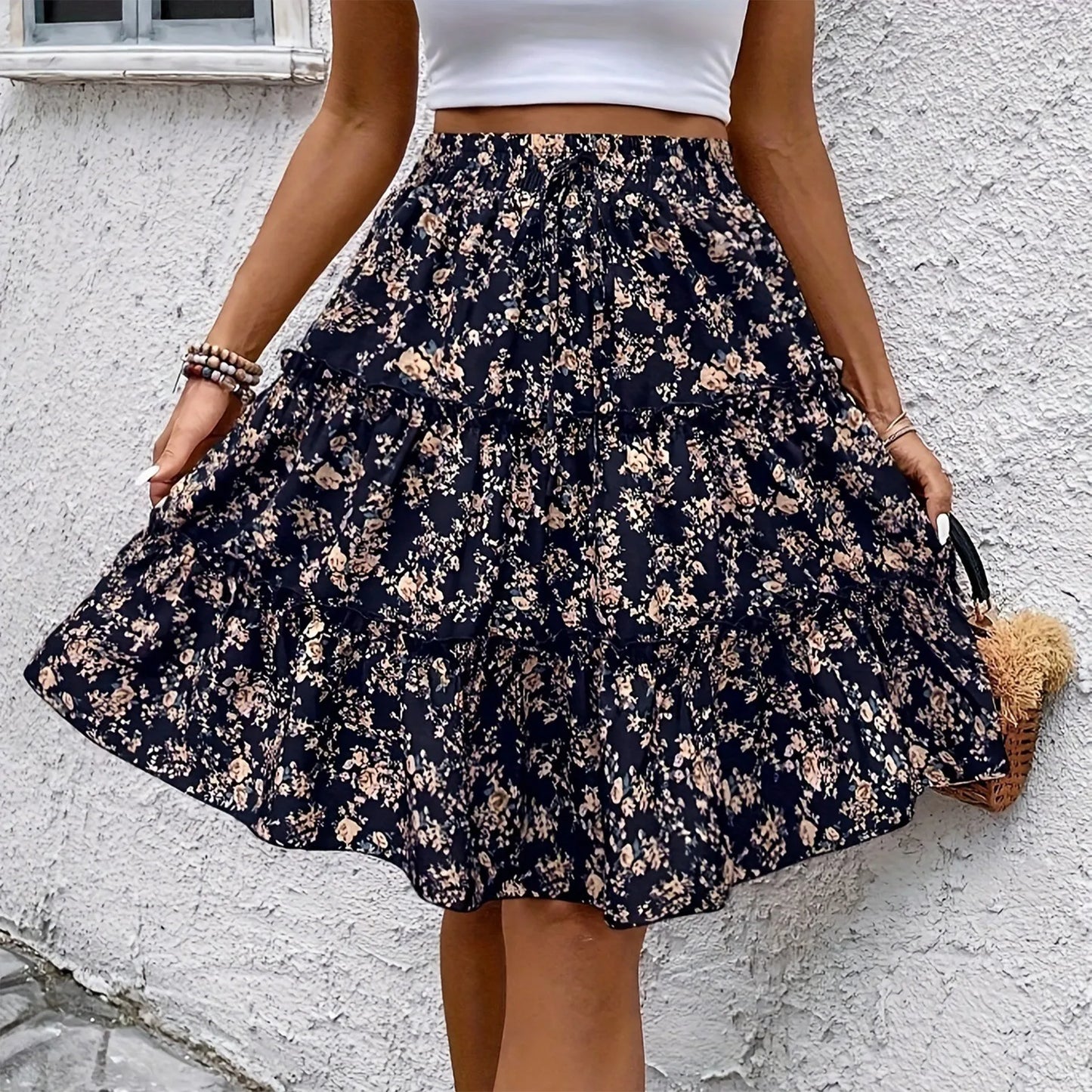 Women’s Floral Spliced Cake Skirt – Knee-Length Casual Skirt with Elastic Waist Strap, Comfortable Versatile Fashionable Design