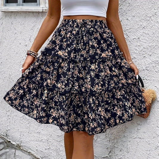 Women’s Floral Spliced Cake Skirt – Knee-Length Casual Skirt with Elastic Waist Strap, Comfortable Versatile Fashionable Design
