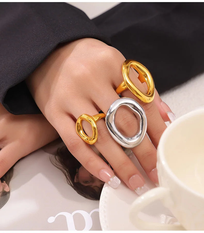 316L Stainless Steel Gold Plated Oval Ring – Large Luxury Waterproof Women’s Jewelry