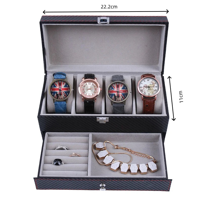 PU Leather Jewelry & Watch Organizer Box — Storage Case for Rings, Earrings, Bracelets, Perfect Gift Casket