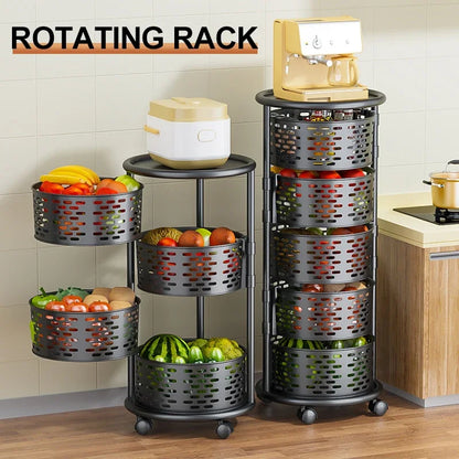 5 Layer Stainless Steel Rotating Shelf - Kitchen & Bathroom Storage Baskets, Fruit & Vegetable Rack with Wheels