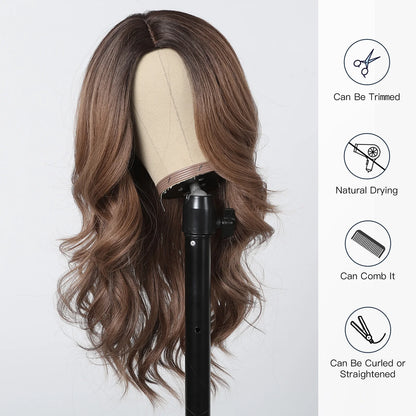 Long Wavy Brown Synthetic Wig for Women – Middle Part, Natural Look, Heat-Resistant Fiber for Daily Wear & Cosplay
