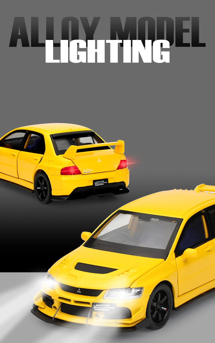 JDM 1:32 Mitsubishi Lancer Evolution IX — Diecast Metal Alloy Racing Car Model with Sound & Light, Right Rudder Gift