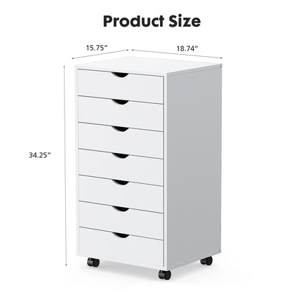 7-Drawer Wooden Chest Dresser – Mobile Nightstand Storage Cabinet with Wheels for Office & Living Room Organizer