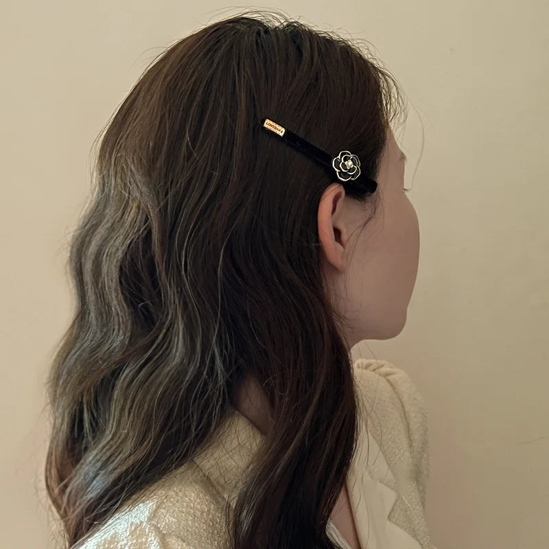 Pearl Camellia Letter Hair Clip - French Retro Flower Duckbill Side Fringe Accessory