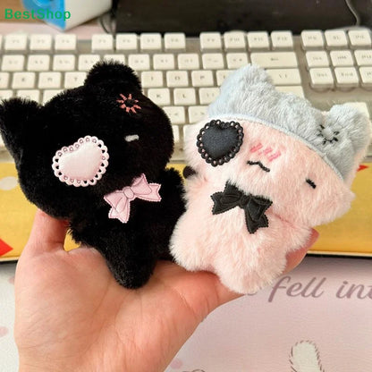 Cute Plush Cat Keychain - Kawaii Kitten Pendant with Heart Patch Bow Charm for Bag Decoration & Accessories