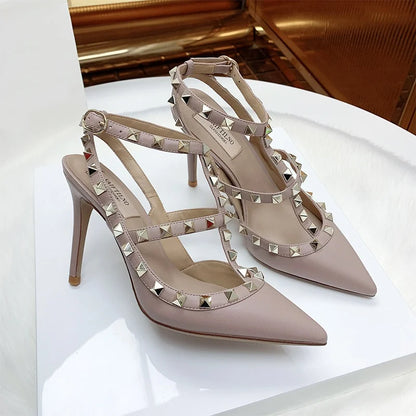 Women’s 2025 Summer Luxury Punk High Heel Sandals – Metal Rivet Gladiator Pointed Toe Stiletto Party Shoes