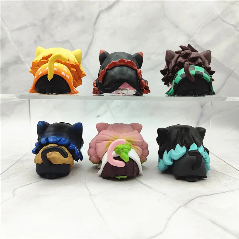 6PCS Demon Slayer Mini Figures — Nezuko, Tanjirou, Zenitsu & Inosuke PVC Kawaii Cat Ear Sleep Model Toys