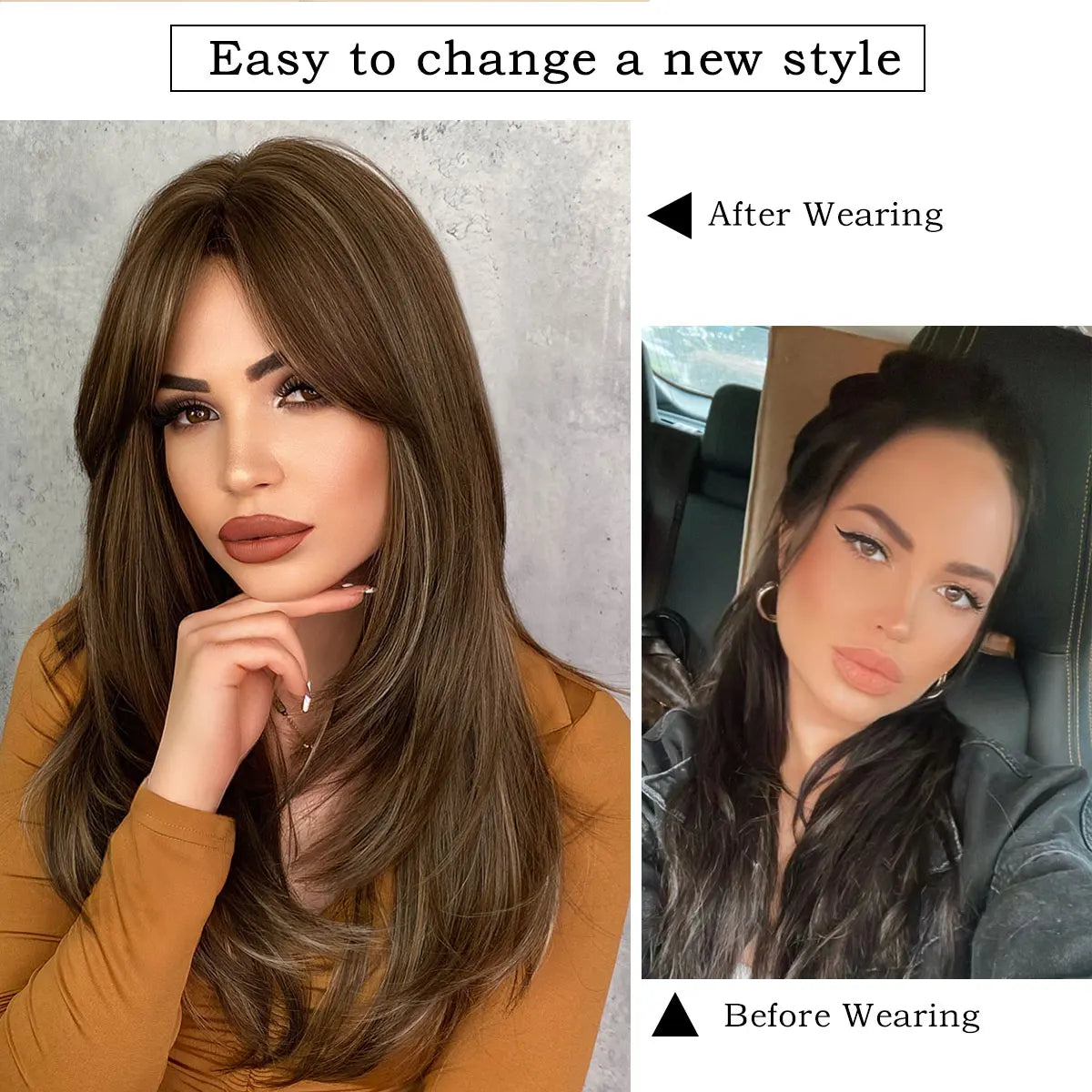 7JHH Honey Blonde Wig with Bangs - Long Brown Layered Heat Resistant Synthetic Wig for Women, Daily Use