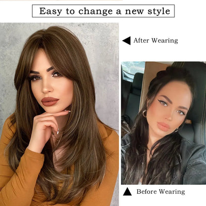 7JHH Honey Blonde Wig with Bangs - Long Brown Layered Heat Resistant Synthetic Wig for Women, Daily Use