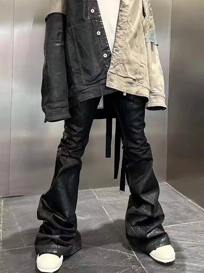 Men’s Streetwear Black Wax Leather Stretch Jeans — Baggy Y2K Flare Oversized Straight Denim Trousers