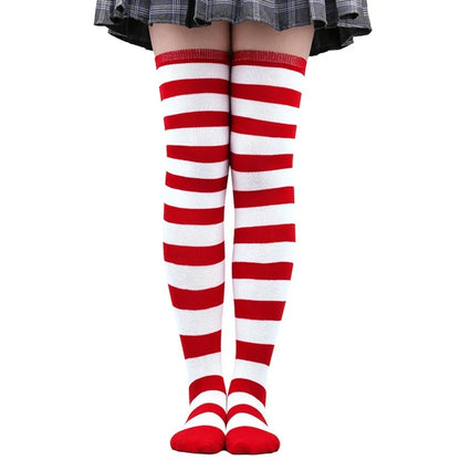 Color Striped Japanese Over-Knee Socks – Fashionable Slim Fit Black & White Stockings for Women