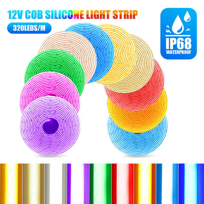 12V/24V Solar COB LED Strip Light IP68 Waterproof Flexible Tape Lamp 320 LEDs Warm & Natural White for Garden Decoration – 0.5M/1M/2M/5M