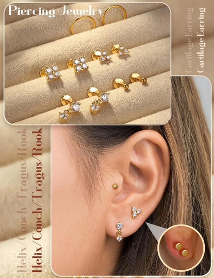14K Gold Plated CZ Flat Back Stud Earrings – 316L Surgical Steel Threadless Nose, Helix & Cartilage Piercing Jewelry