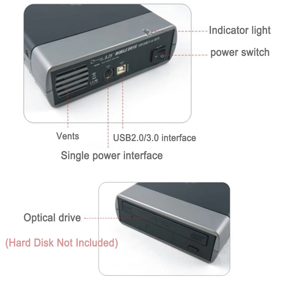 5.25-inch USB 2.0/3.0 SATA External Optical Drive Case – Enclosure Adapter for Windows, Mac & PC