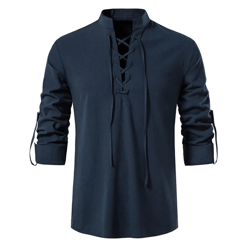Men’s Cotton Linen Long Sleeve Shirt - Vintage Casual Drawstring Neck Shirt for Spring & Autumn