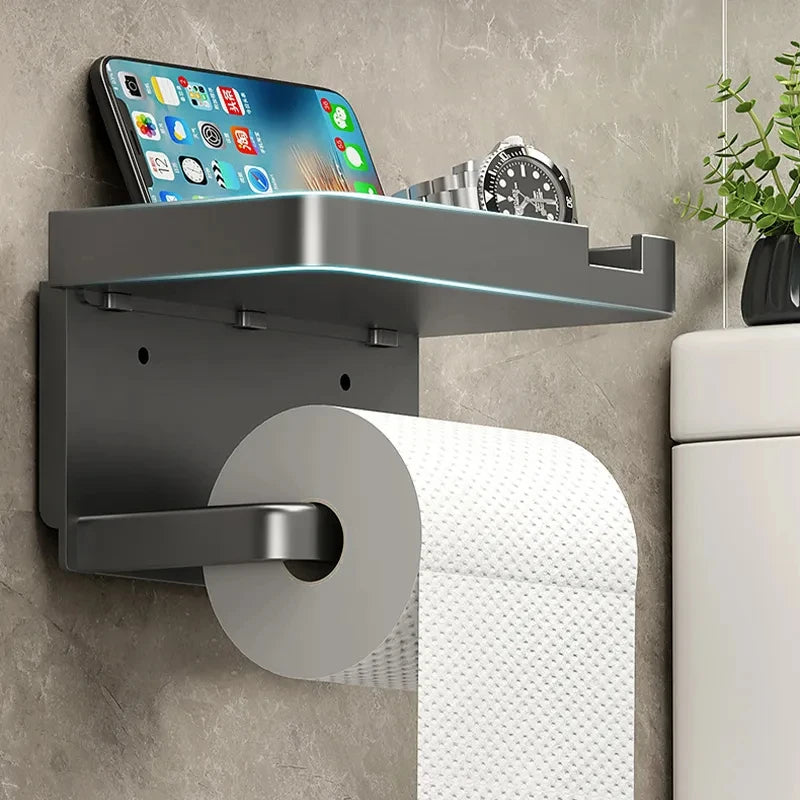 Bathroom Wall-Mounted Toilet Paper Holder with Storage Rack: Organizer for Seasoning Bottles, Kitchen Towels, and Phone