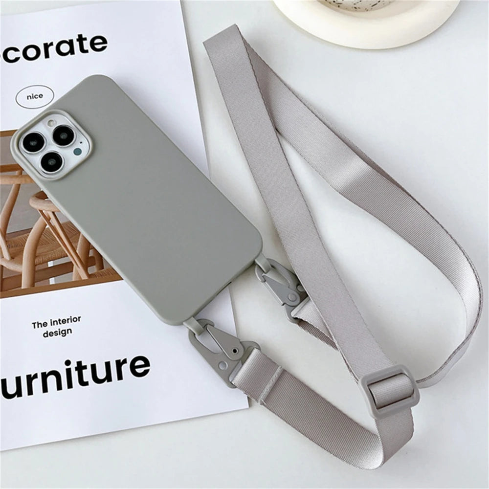 Crossbody Necklace Strap Silicone Case - Matte Shockproof Phone Cover for iPhone 17, 16, 15, 14 Pro Max & More
