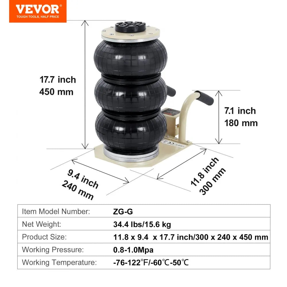 VEVOR Triple Bag Air Jack – 3 Ton (6600 lbs) Capacity Portable Pneumatic Car Jack for Heavy Duty Quick Lifting & Garage Repairs