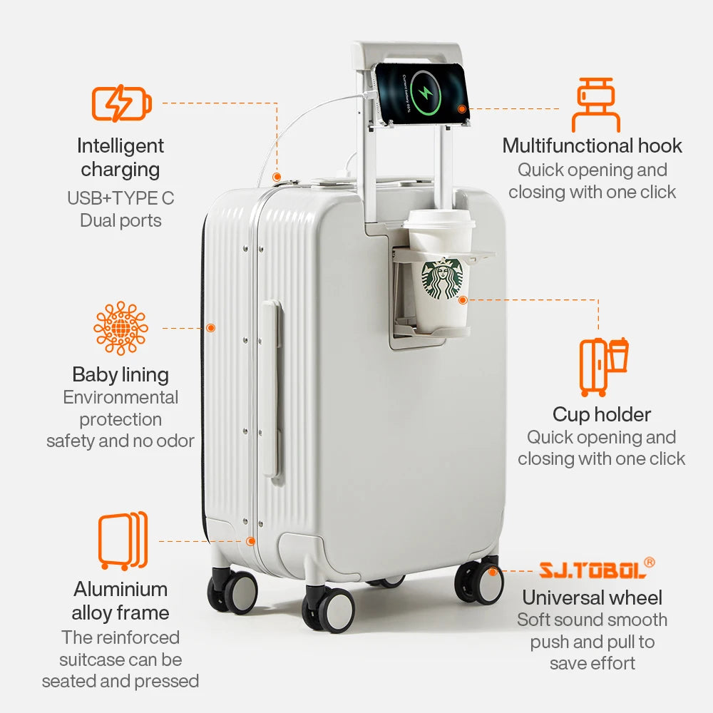 Mixi Aluminum Frame Carry-On Suitcase – 20"/24" Rolling Luggage with USB Port, Cup & Phone Holder
